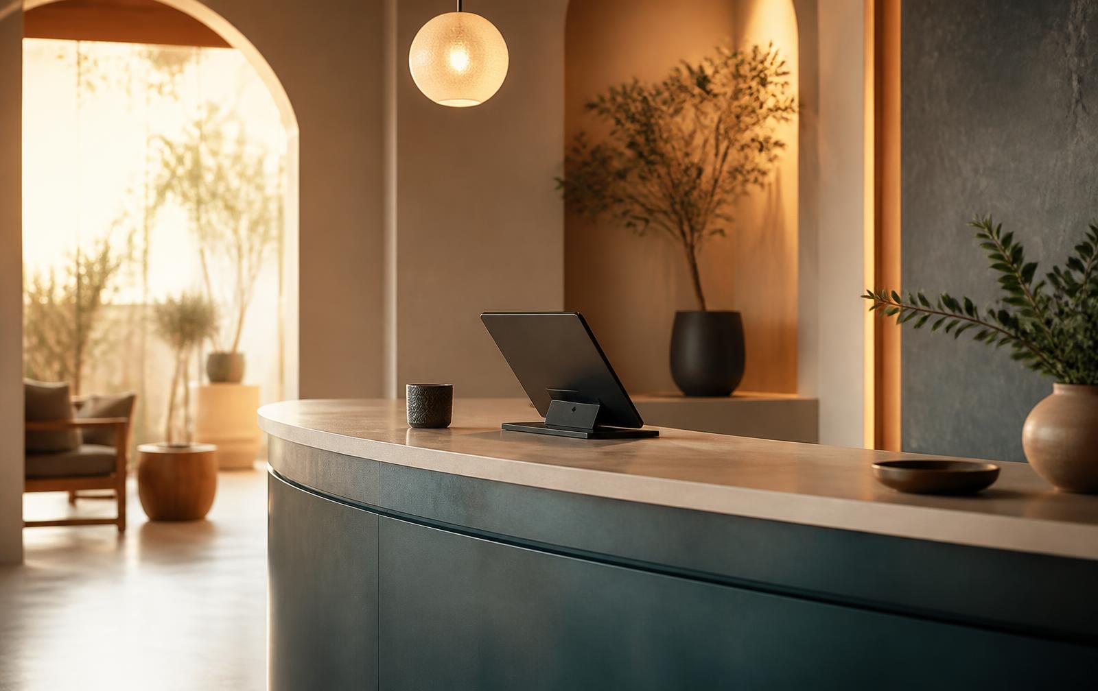 Modern hotel reception desk with a tablet at golden hour