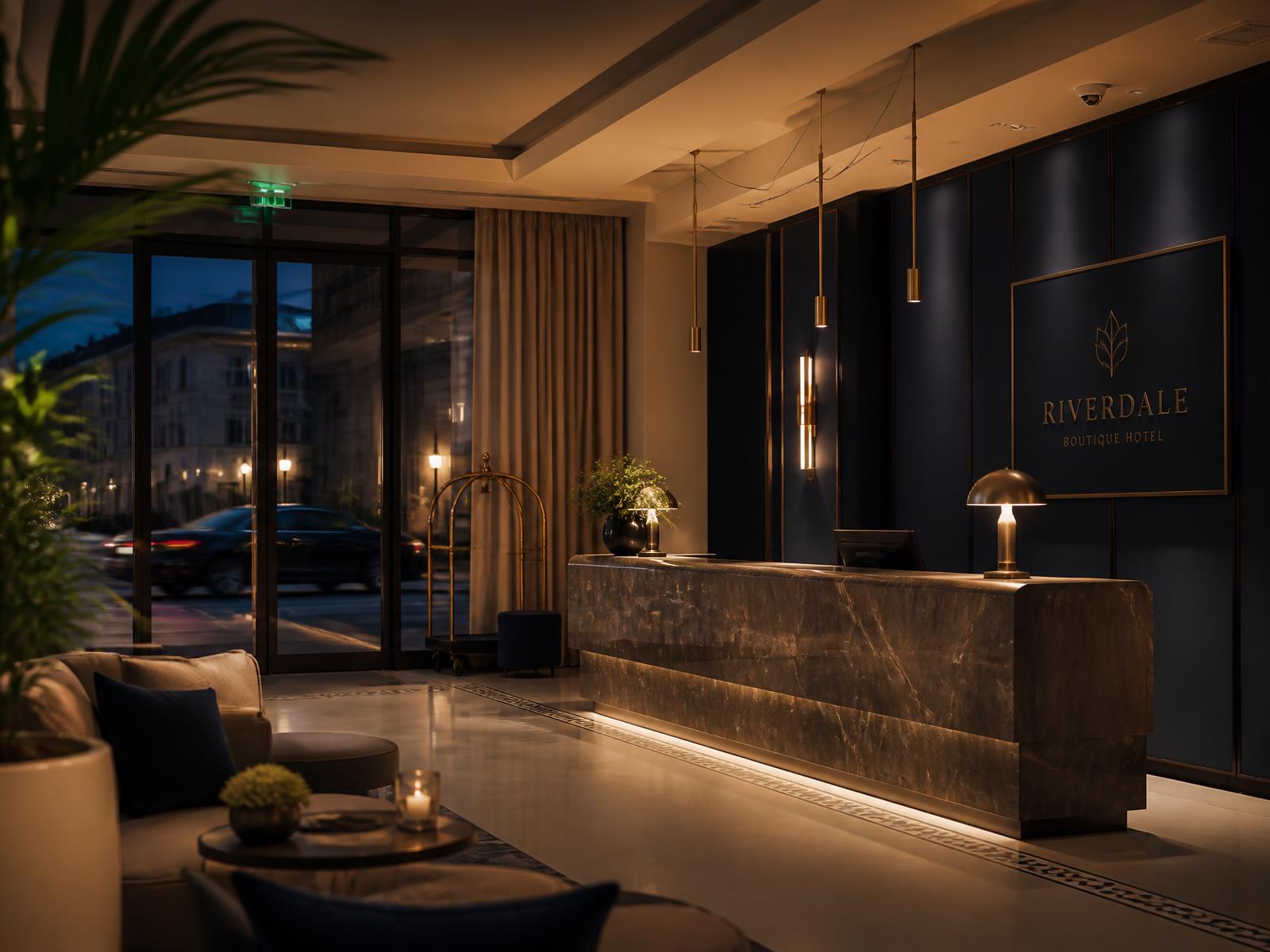 Akşam saatlerinde modern bir otel lobisi ve resepsiyon alanı