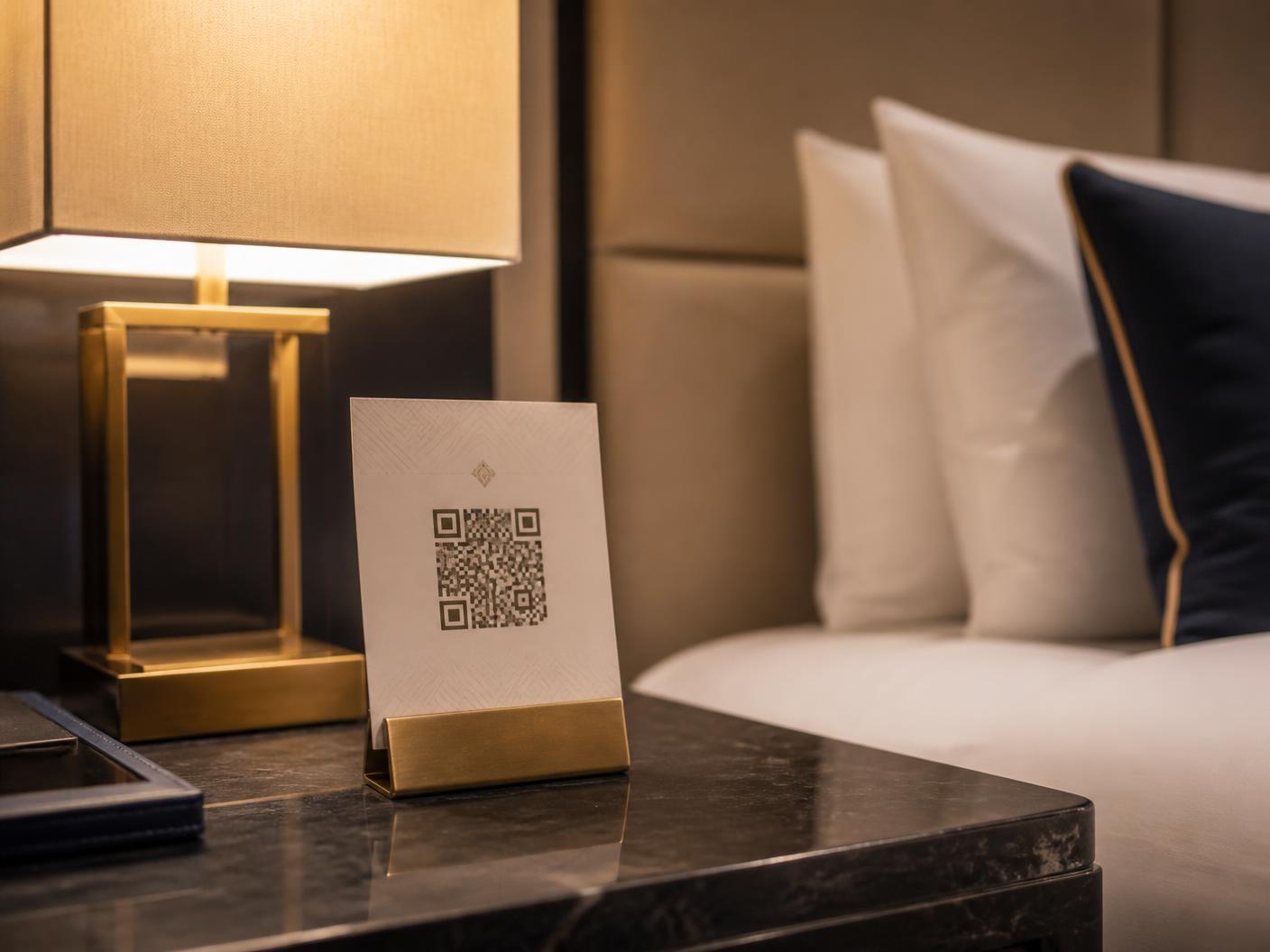 Otel odasındaki komodinin üzerinde duran QR kod kartı